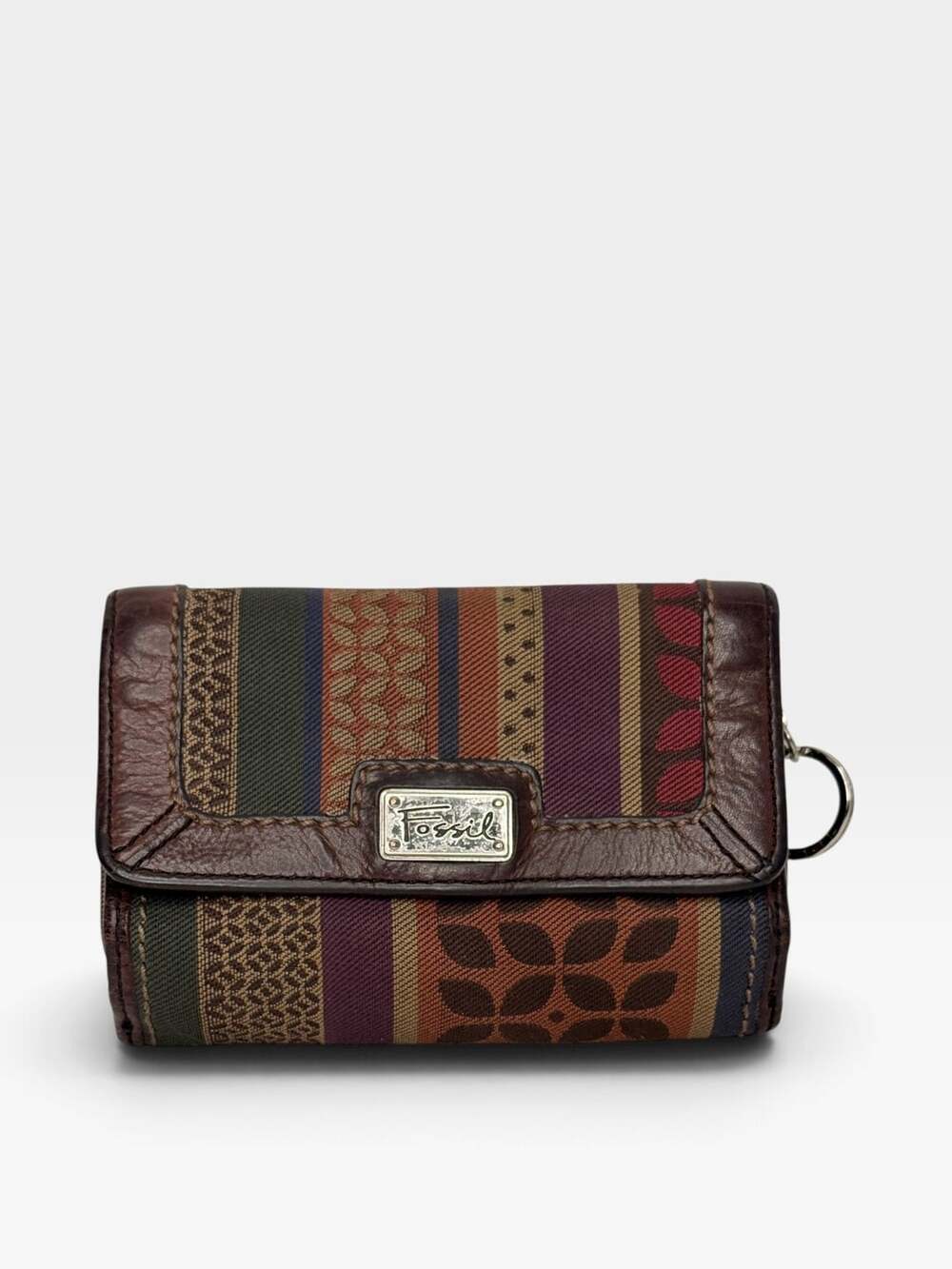 Fossil Multicolor Striped Canvas Trifold Wallet With Brown Leather